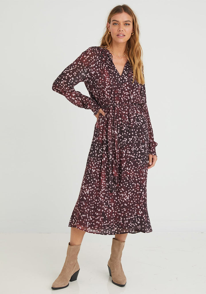 Bella Dahl - Long Sleeve Ruffle Midi Dress - Wine Dot Print