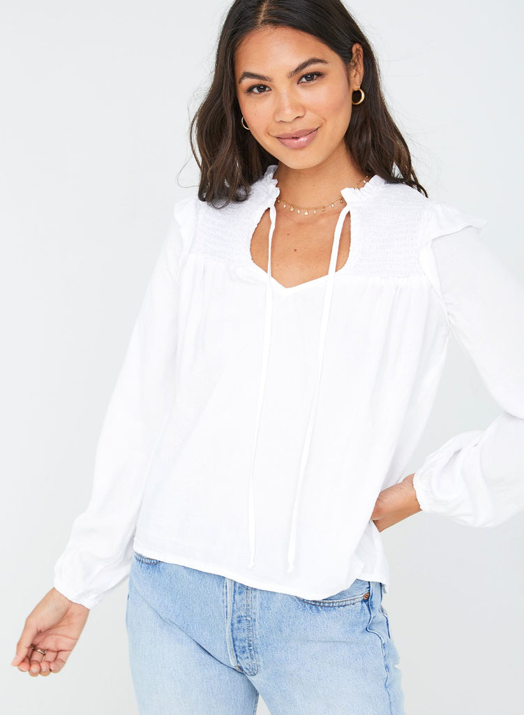 Bella Dahl  - Long Sleeve Smocked Ruffle Pullover - White