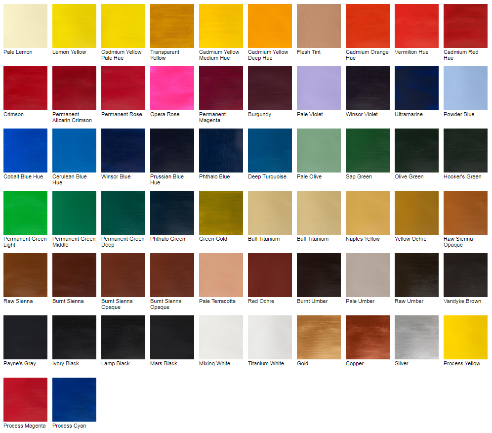 Winsor and Newton Galeria Acrylic Paint Colour Chart