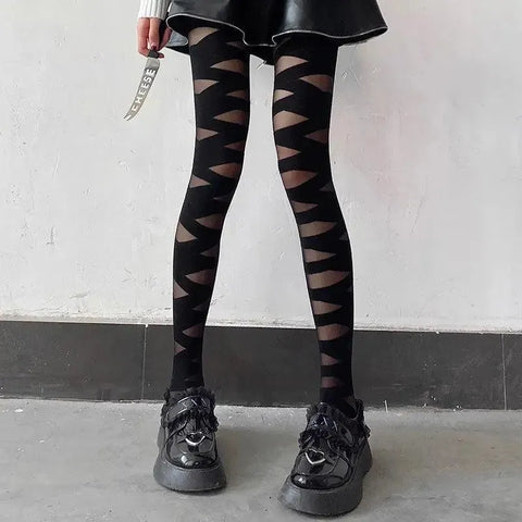 Fashionable Sheer Tights Geometric Pattern Gothic Fashion - KawaSocks