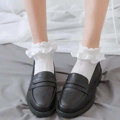 Vintage Ruffled Lace Ankle Socks for Women Mary Jane Flat - KawaSocks