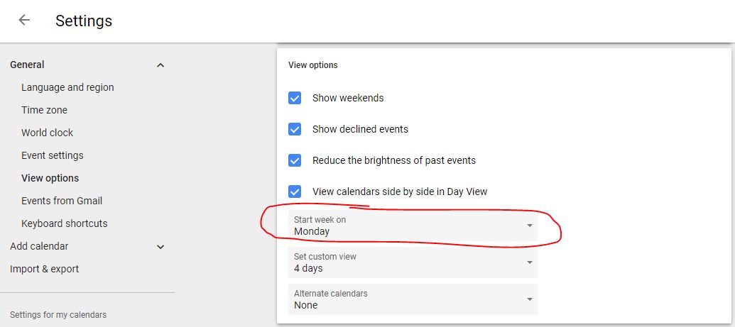 Monday Start to Week in Google Calendar : Step 2