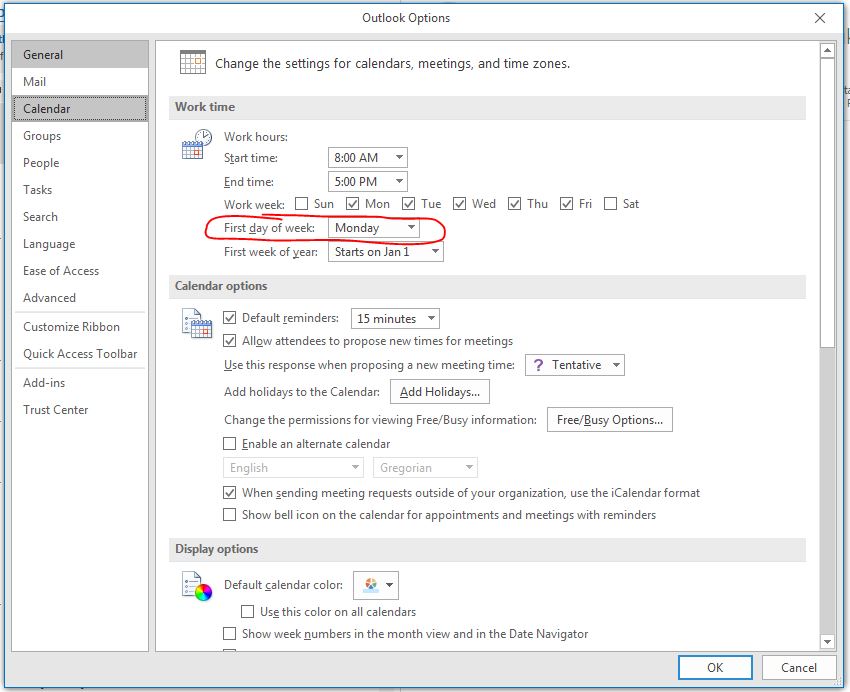 Monday Start to Week in Outlook 2016 : Step 2