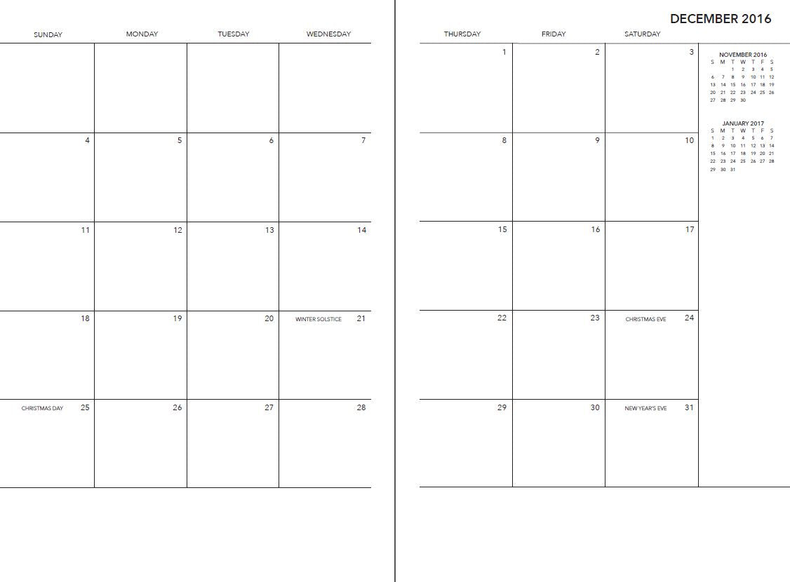 UPstudio Planner has a two page month view for December 2016
