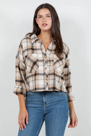 Cropped Oversized Plaid Flannel Shirt - Bella-gia Boutique
