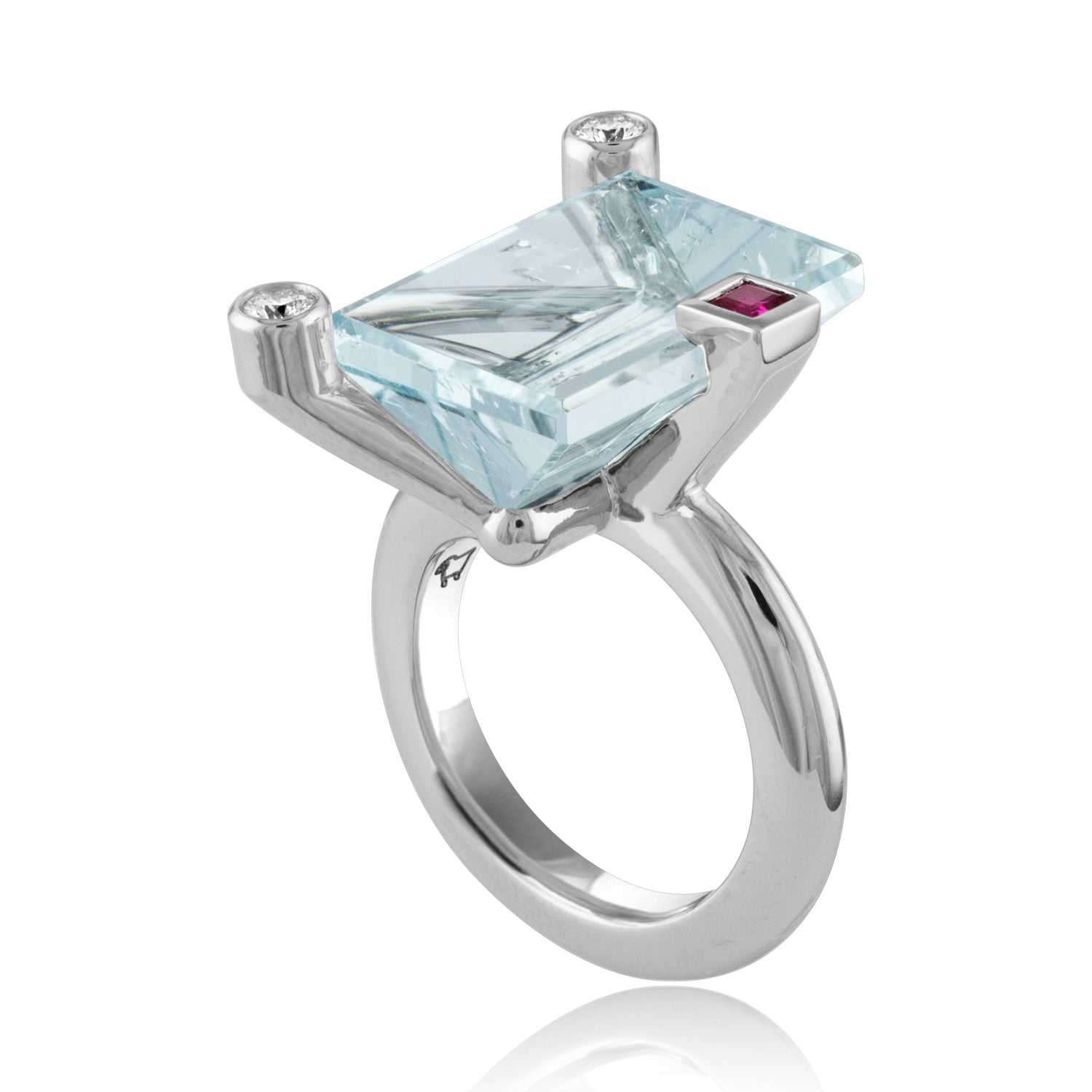 Side view Mirror Cut Aquamarine Cocktail PlatinumRing