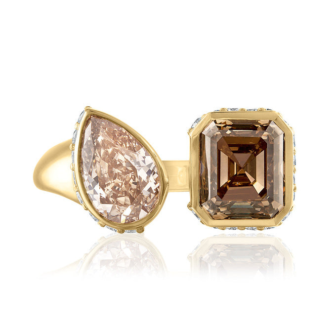 face view of custom bespoke ring with chocolate emerald cut and champagne pear with diamonds in 18K gold