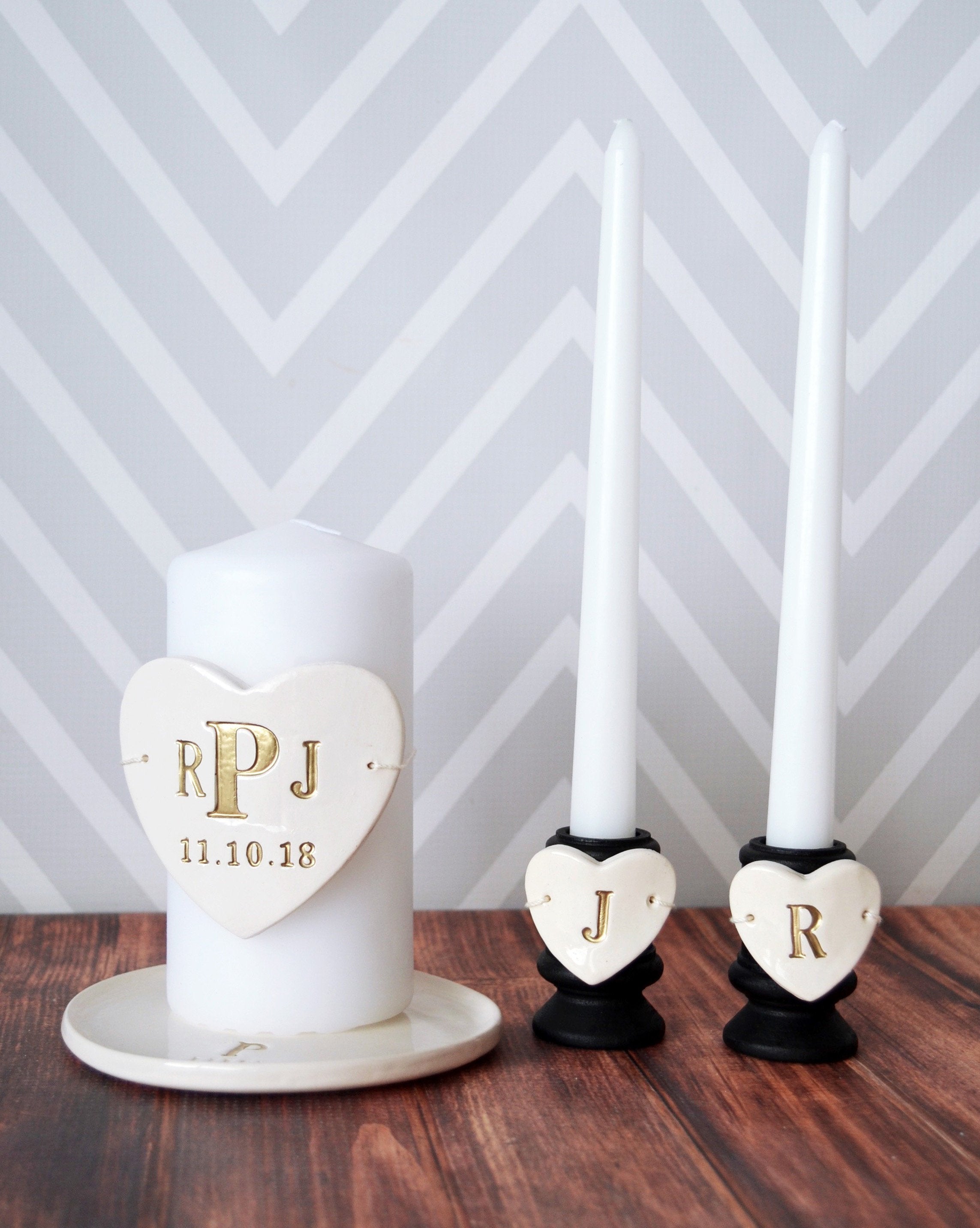 Heart Shaped Unity Candle Wedding Ceremony Set With Candle Holders
