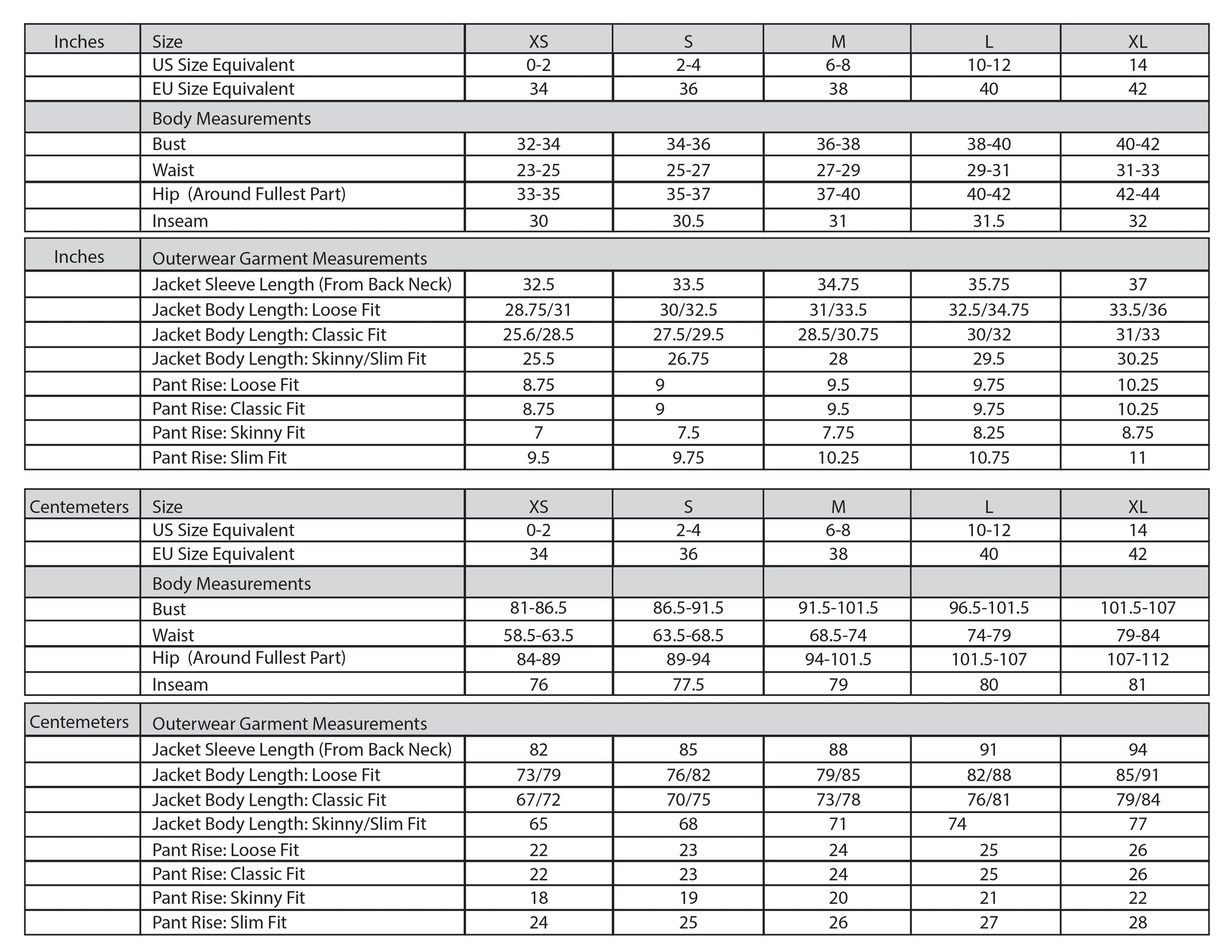 Ana Jeans Size Chart