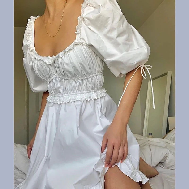 Boho White Puff Sleeve Ruffle Dress for Bridesmaids - Image 5