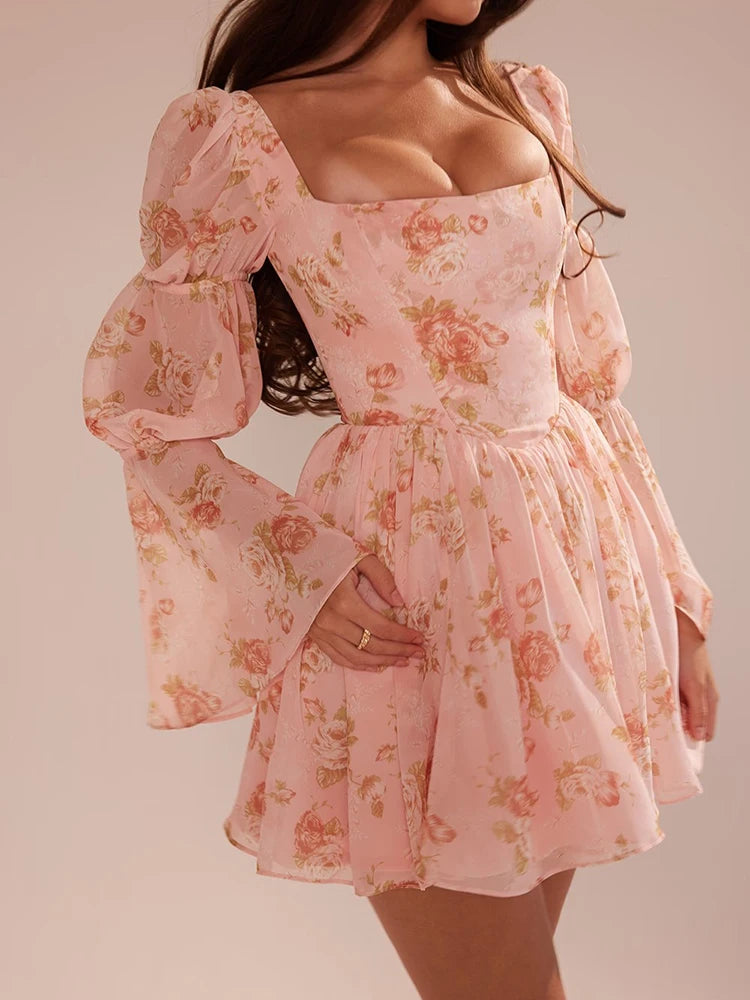 Elegant Floral Chiffon Backless Long Sleeve Dress - Image 5