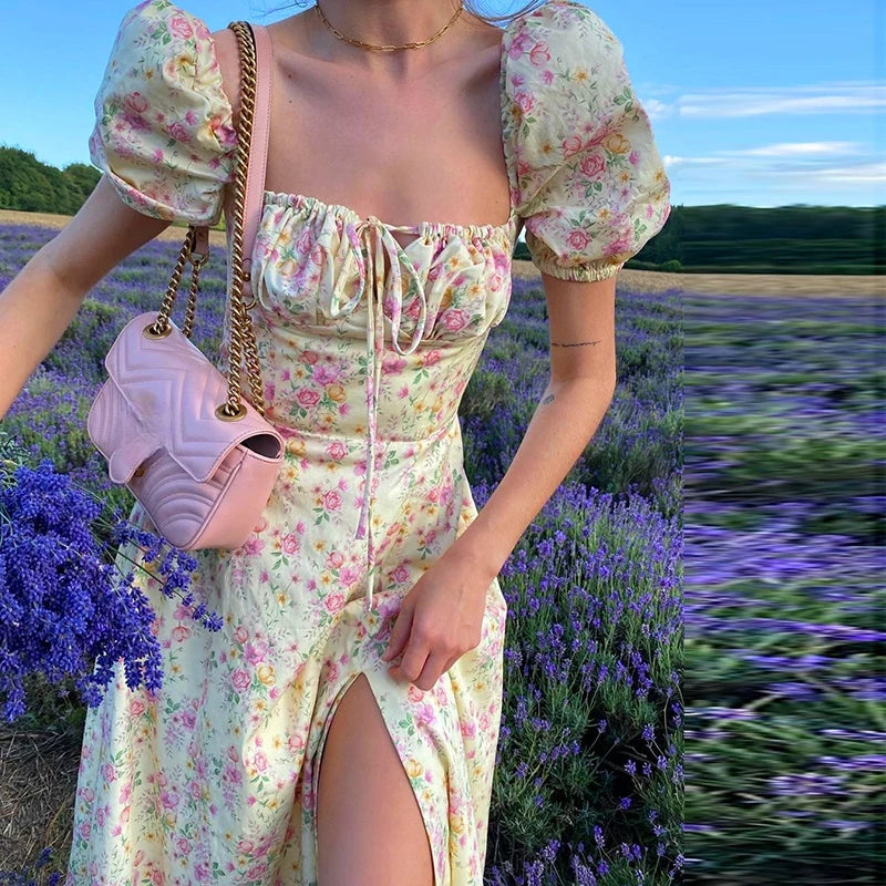 Elegant Floral Print Puff Sleeve Dress for Summer Parties - Image 6