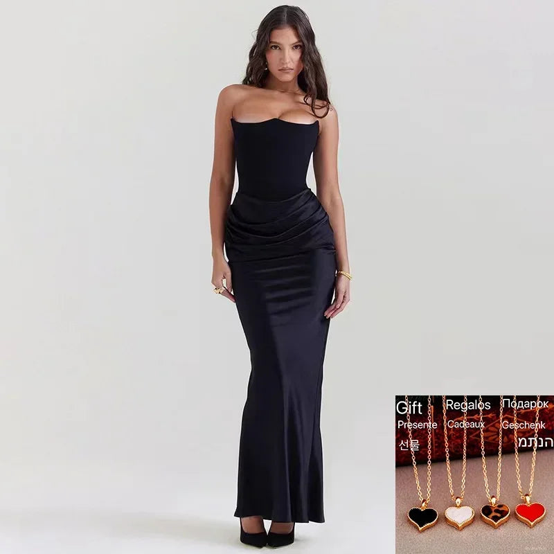 Elegant Strapless Off-Shoulder Satin Maxi Dress for Women