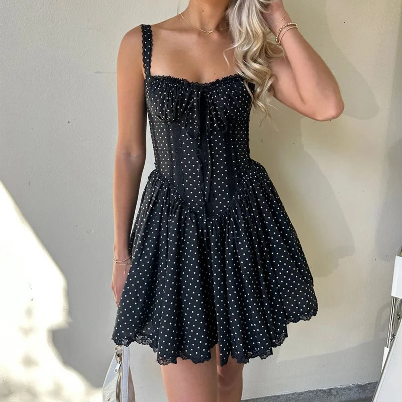 Chic Vintage Polka Dot A-Line Dress with Lace Trim - Image 7