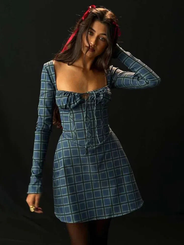 Backless Plaid Mini Dress with Square Collar & Long Sleeves - Image 7