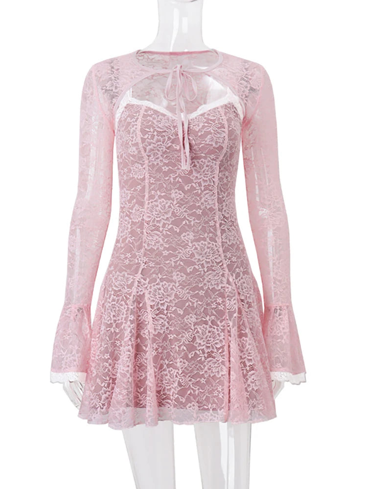 Elegant Pink Lace Flare Sleeve Floral Dress Set - Image 6