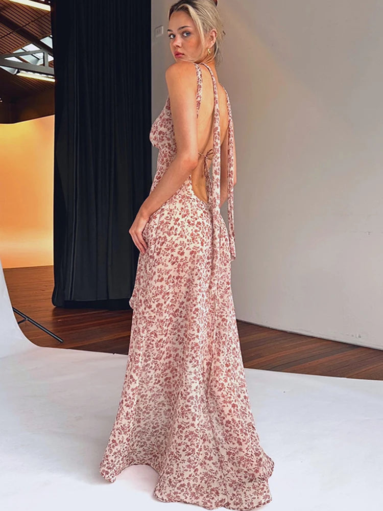 Floral Print Chiffon Maxi Dress with Side Slit - Image 3