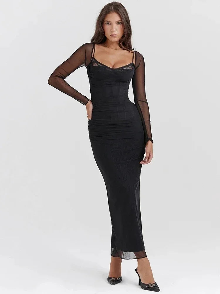 Elegant Sheer Long Sleeve Backless Maxi Dress for Women - Image 7