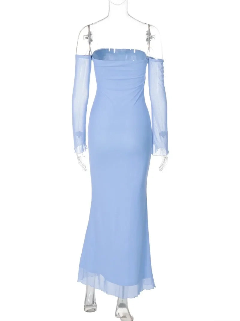 Light Blue Off-Shoulder Backless Bodycon Evening Dress - Image 5