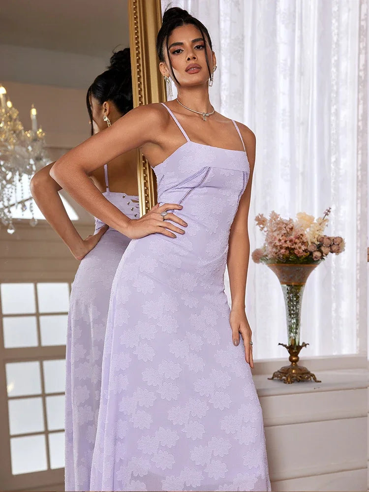 Elegant Purple Spaghetti Strap Maxi Dress for Weddings and Parties - Image 6