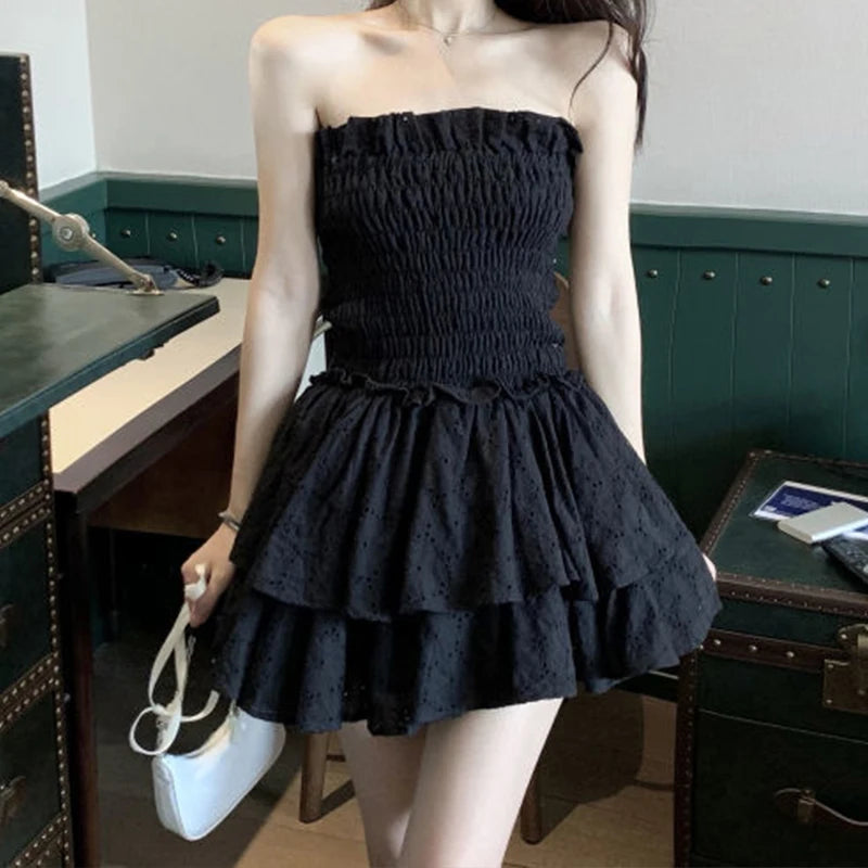 White Lace Strapless Mini Dress with Ruffle Details - Image 7