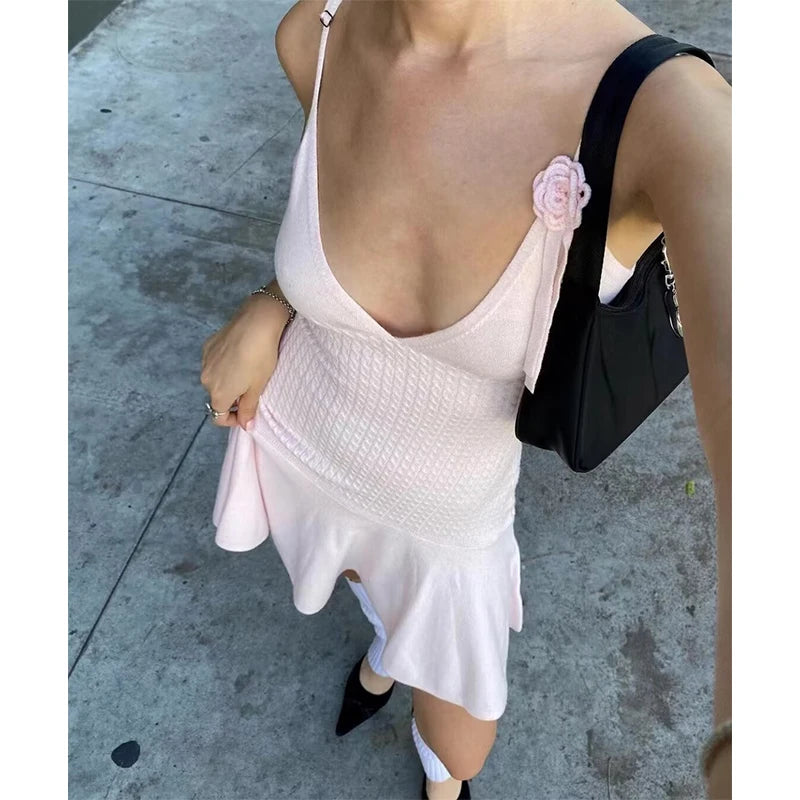 Elegant Floral Appliqué Slim Knit Summer Dress for Women - Image 3