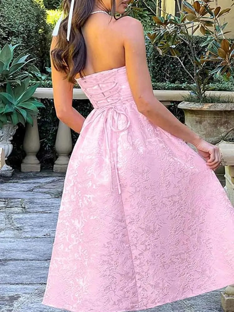 Elegant Satin Jacquard Backless Ruffle Evening Dress for Women - Image 6