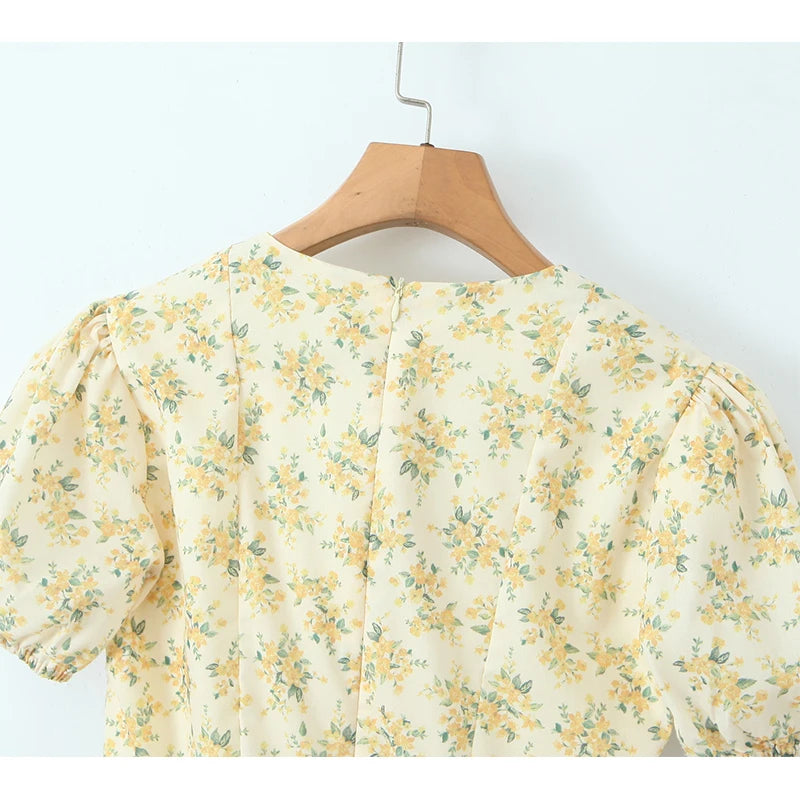 Vintage Floral Puff Sleeve V-Neck Mini Dress for Women - Image 7