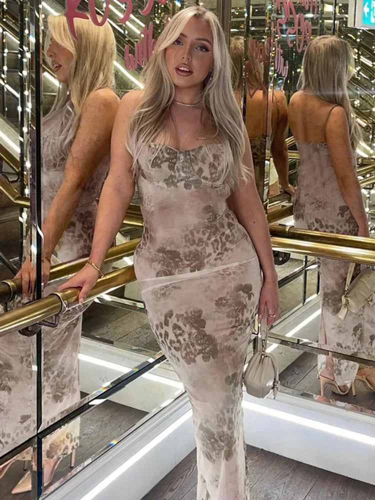 Elegant Floral Maxi Dress with Spaghetti Straps and Split Design - Image 6