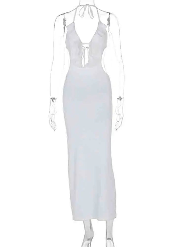 Elegant White Ruffle Backless Bodycon Maxi Dress for Women - Image 5