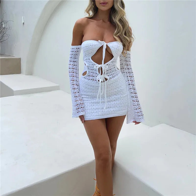 Backless Knitted Mini Dress with Drawstring Tie - Beach Ready! - Image 6