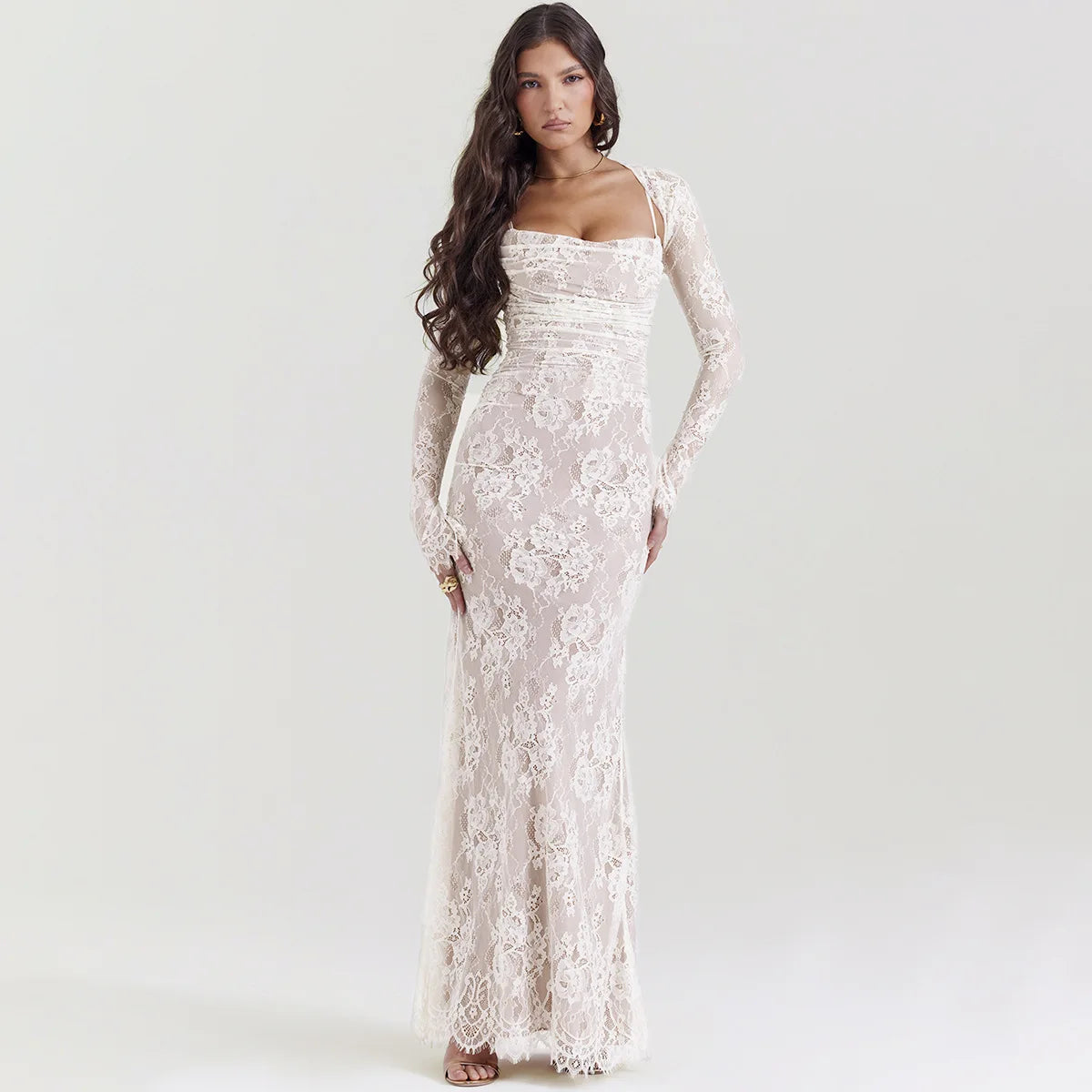 Elegant Vintage Lace Maxi Dress Set with Cape - Image 6