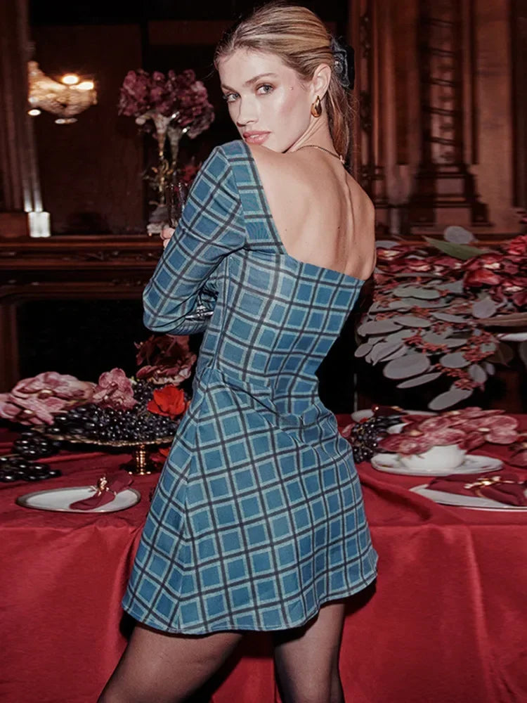 Backless Plaid Mini Dress with Square Collar & Long Sleeves - Image 6