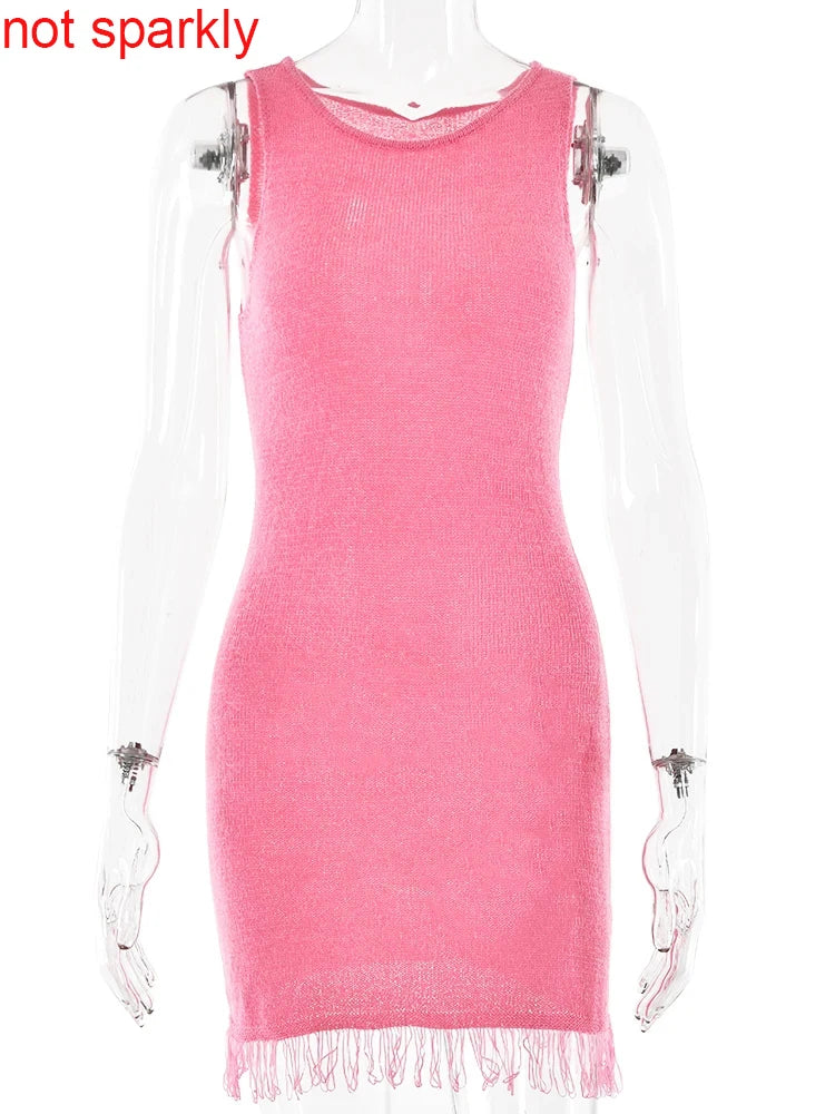 Elegant Pink Knit Tassel Dress for Summer Parties - Image 9