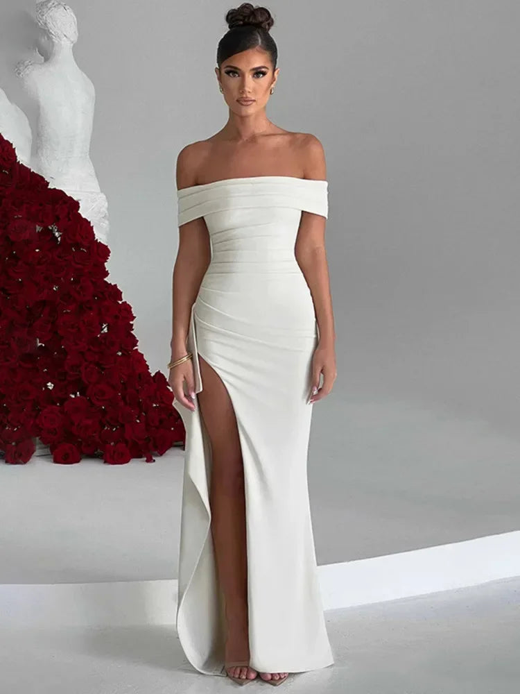 Elegant Off-Shoulder Ruffled Thigh High Split Maxi Dress - Image 4
