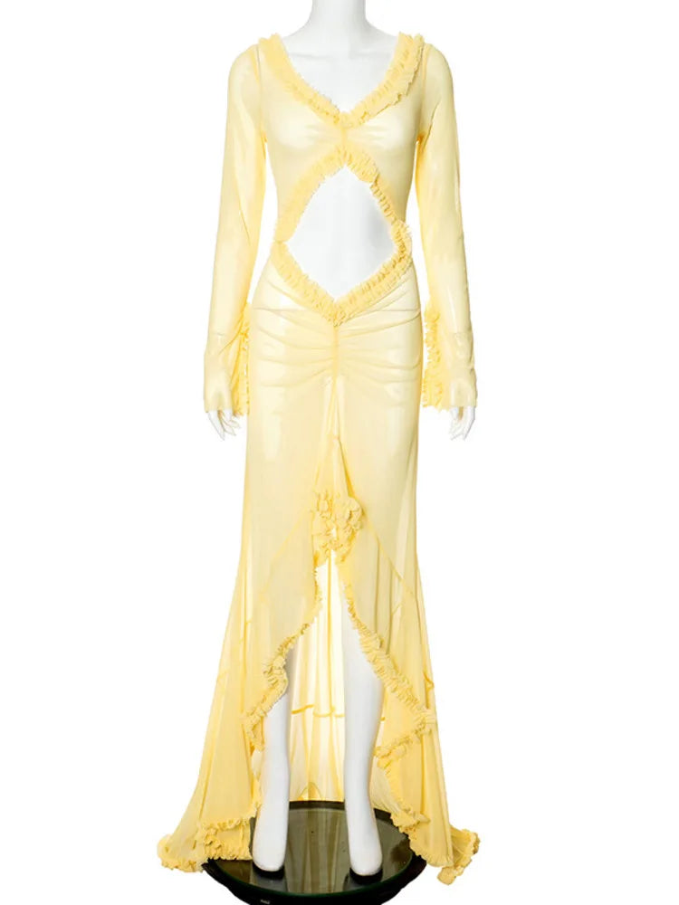 Elegant Hollow Out Long Sleeve Sexy Maxi Dress - Image 7