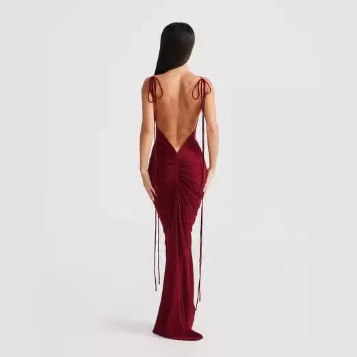 Chic Backless Halter Solid Color Pleated Maxi Dress - Image 4