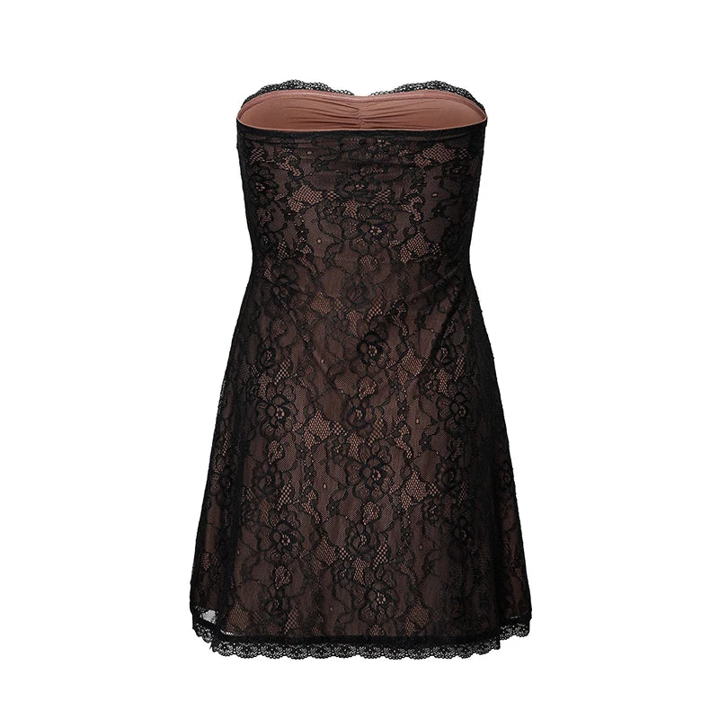 Chic Black Floral Lace Trim Strapless Mini Dress - Image 7