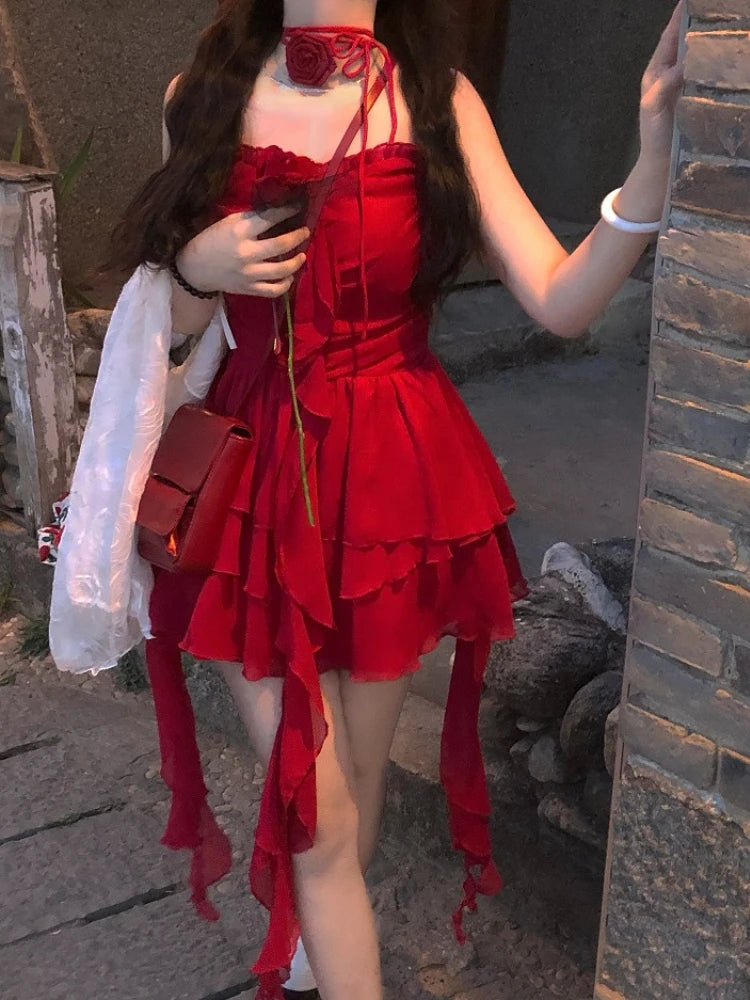 Elegant Summer Vintage Red Sleeveless Backless Mini Dress
