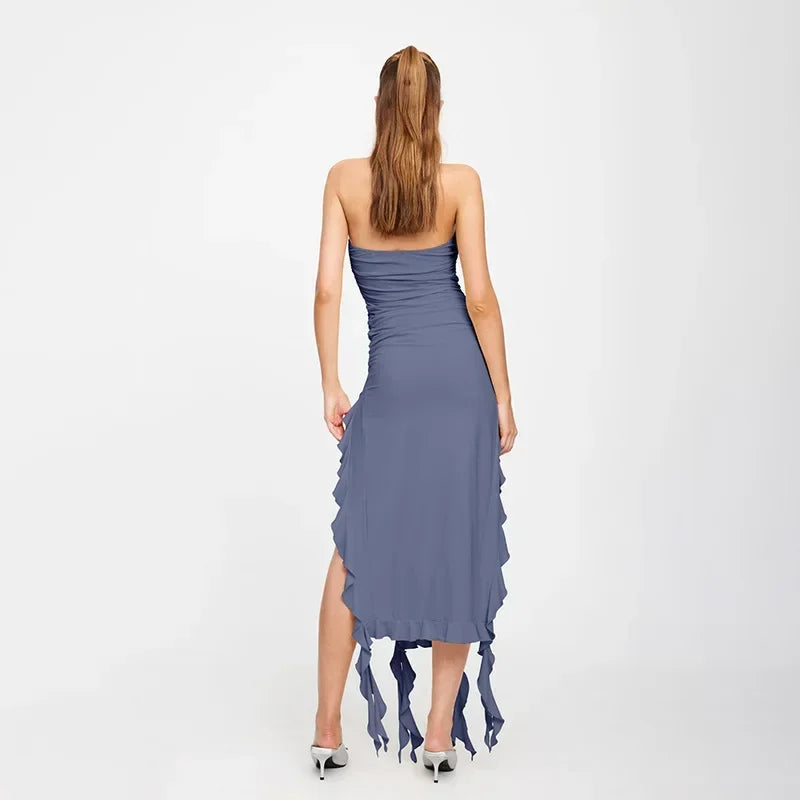 Elegant Off-Shoulder Ruffle Midi Dress for Beach Holidays - Image 8