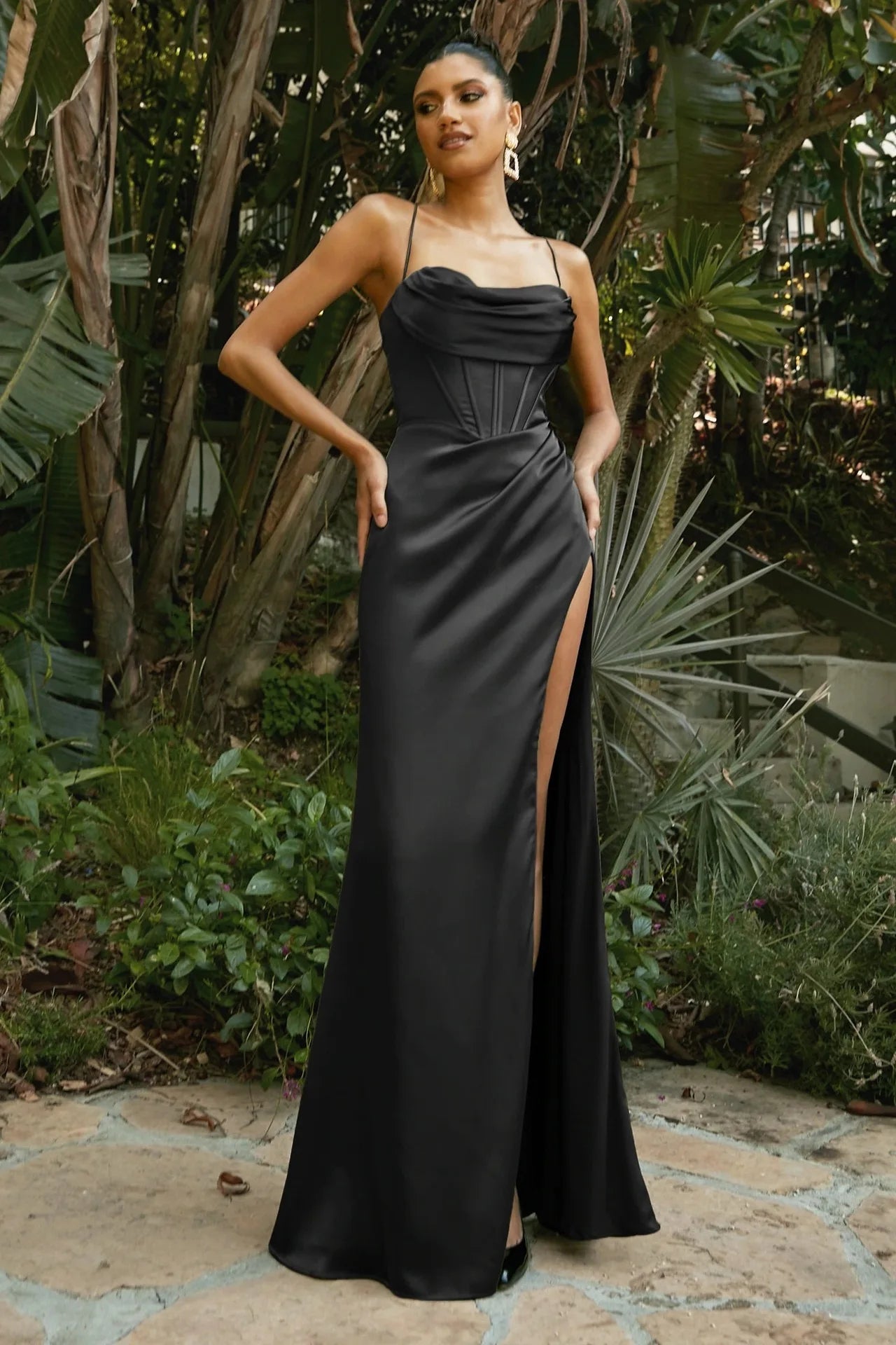Elegant Red Satin Cowl Front Lace-Up Corset Maxi Dress - Image 4