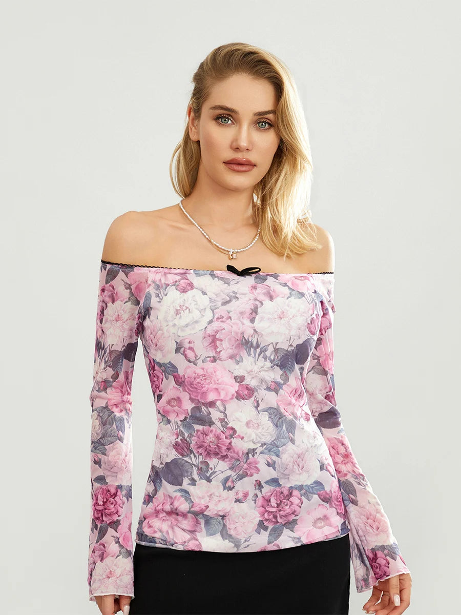 Floral Print Off-Shoulder Long Sleeve Top for Women - Image 3