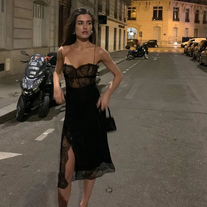 90s-Inspired Lace Patchwork Backless Midi Dress for Women - Image 3