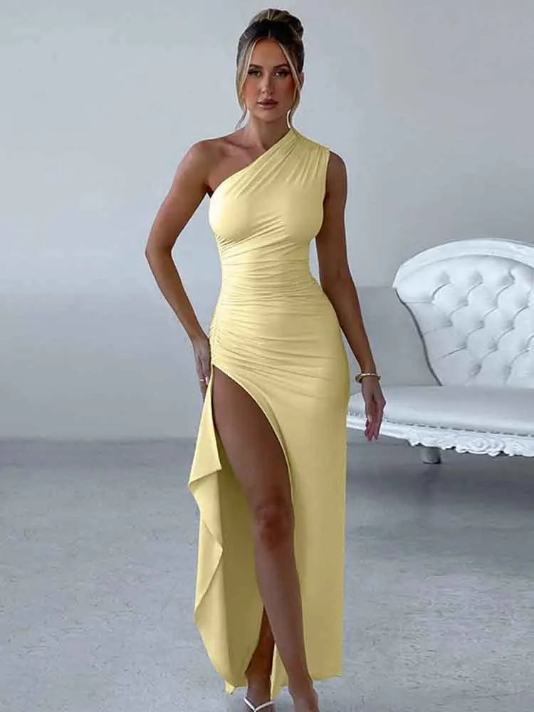 Elegant One-Shoulder Backless Pleated Evening Dress for Women