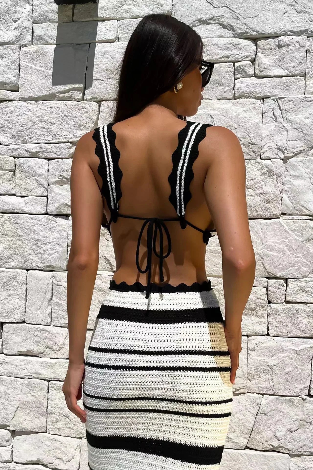 V-Neck Backless Striped Tank and Skirt Set - Image 3