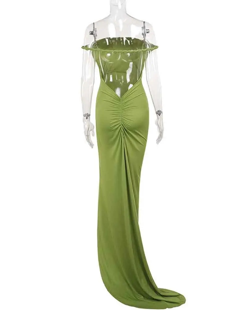 Elegant Off-Shoulder Pleated Backless Maxi Evening Dress - Image 9