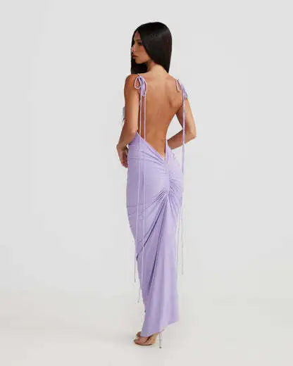 Chic Backless Halter Solid Color Pleated Maxi Dress - Image 8