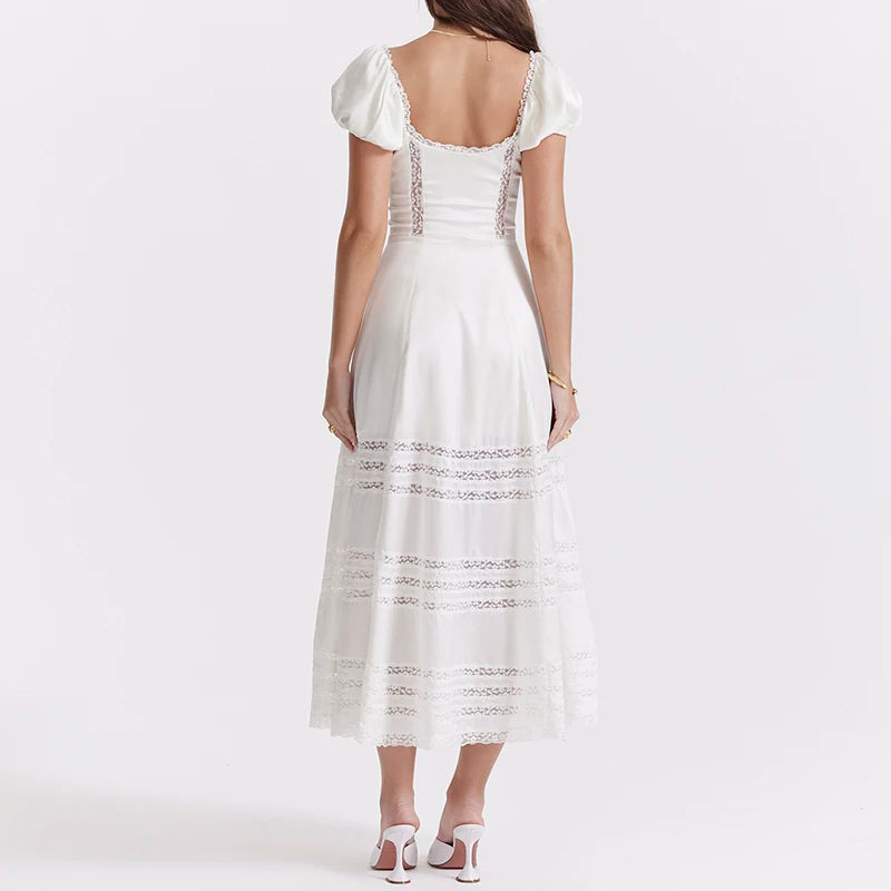 Fairycore Cottage A-line Dress with Lace Trim and Puff Sleeves - Image 6