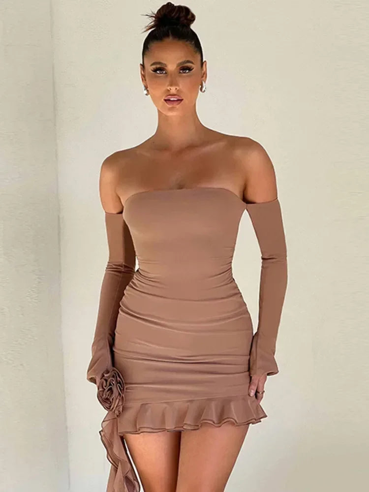 Elegant Off-Shoulder 3D Flower Ruffle Mini Dress - Image 7