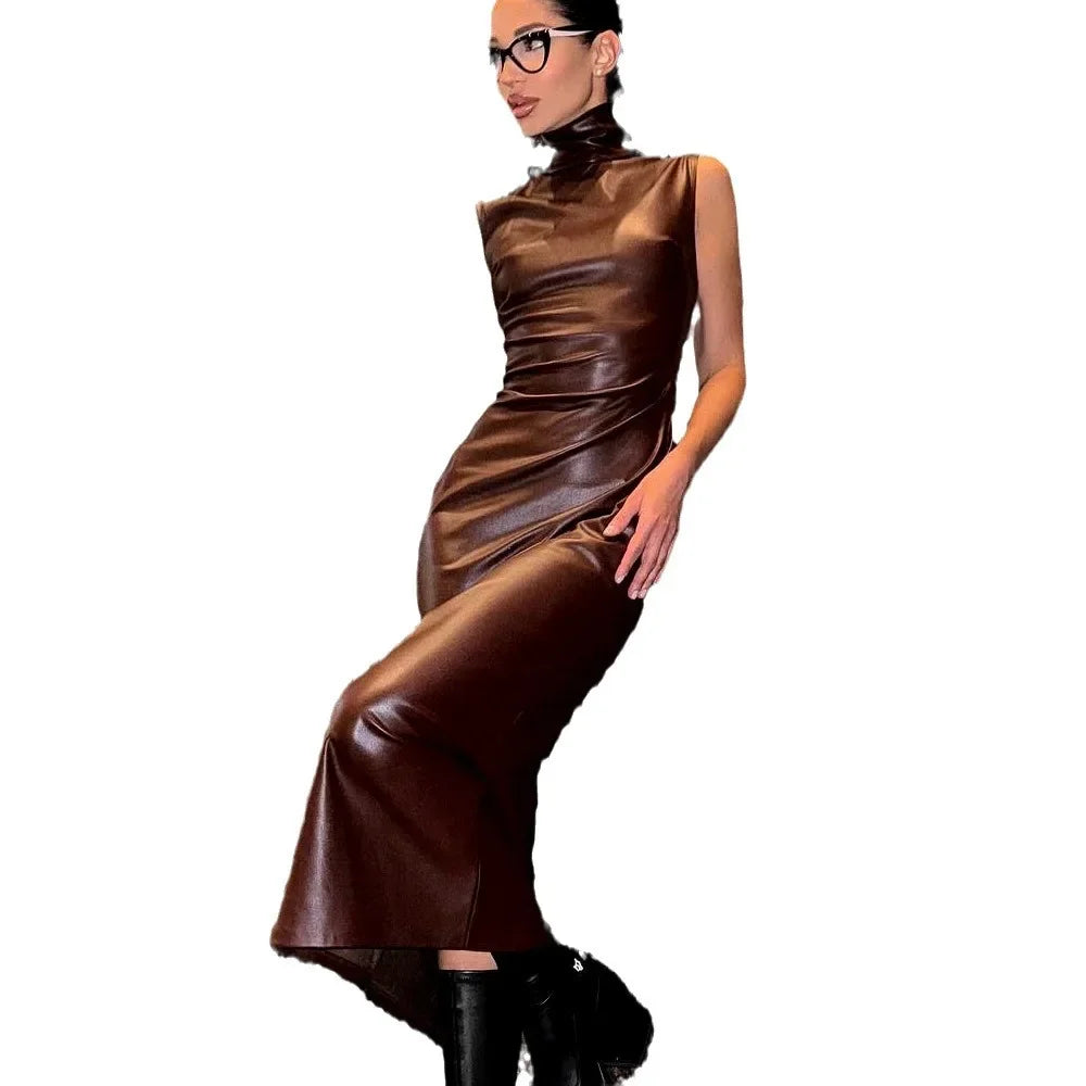 Women's High-Neck Sleeveless PU Leather Split Dress - Image 6